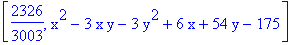 [2326/3003, x^2-3*x*y-3*y^2+6*x+54*y-175]